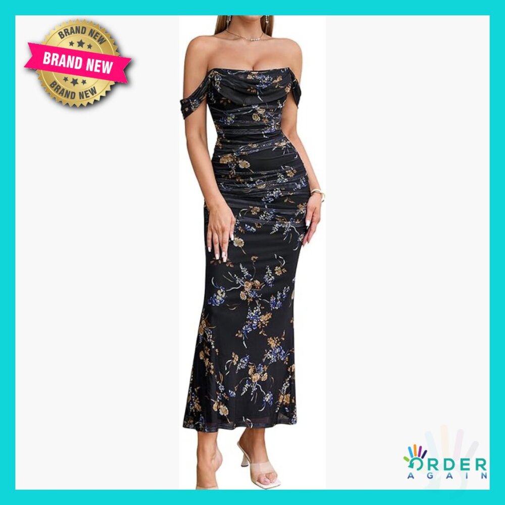 Off Shoulder Maxi Dress Corset Ruched Bodycon Formal Wedding Guest Elegant